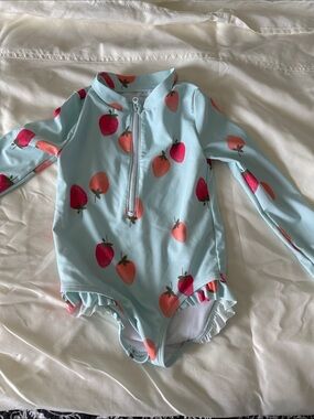 Kids Long-Sleeve Rashguard Swimsuit in Light Blue with Strawberry Print